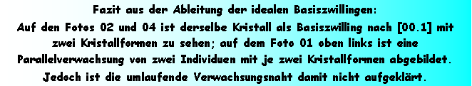 Textfeld: Fazit aus der Ableitung der idealen Basiszwillingen:Auf den Fotos 02 und 04 ist derselbe Kristall als Basiszwilling nach [00.1] mit zwei Kristallformen zu sehen; auf dem Foto 01 oben links ist eine Parallelverwachsung von zwei Individuen mit je zwei Kristallformen abgebildet.Jedoch ist die umlaufende Verwachsungsnaht damit nicht aufgeklrt.